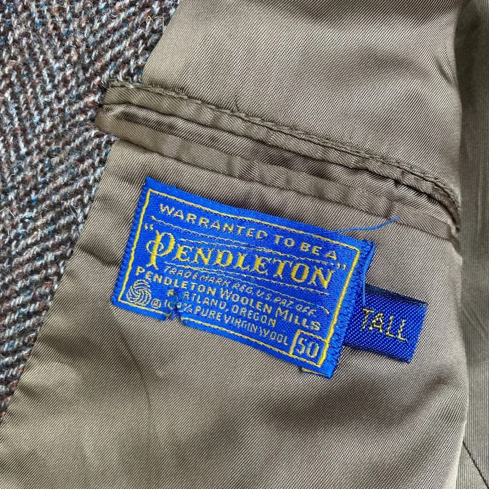 Pendleton Mens 50 Tall Western Blazer Brown Herringbone Wool Suede Yoke Patch